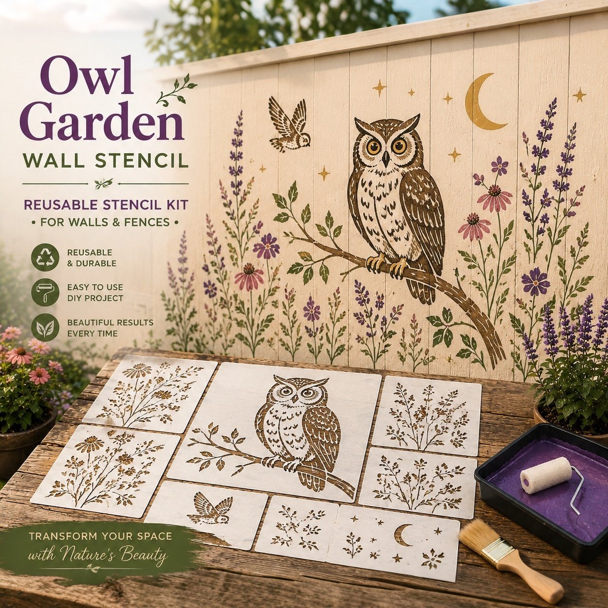 🌿🌸Garden Bloom Wall Stencil Collection – Reusable DIY Floral Painting Templates