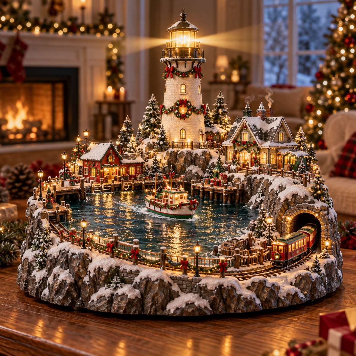 🔥 LAST DAY 49% OFF-🎄Christmas Lighthouse Harbor Village – Light-Up Winter Wonderland