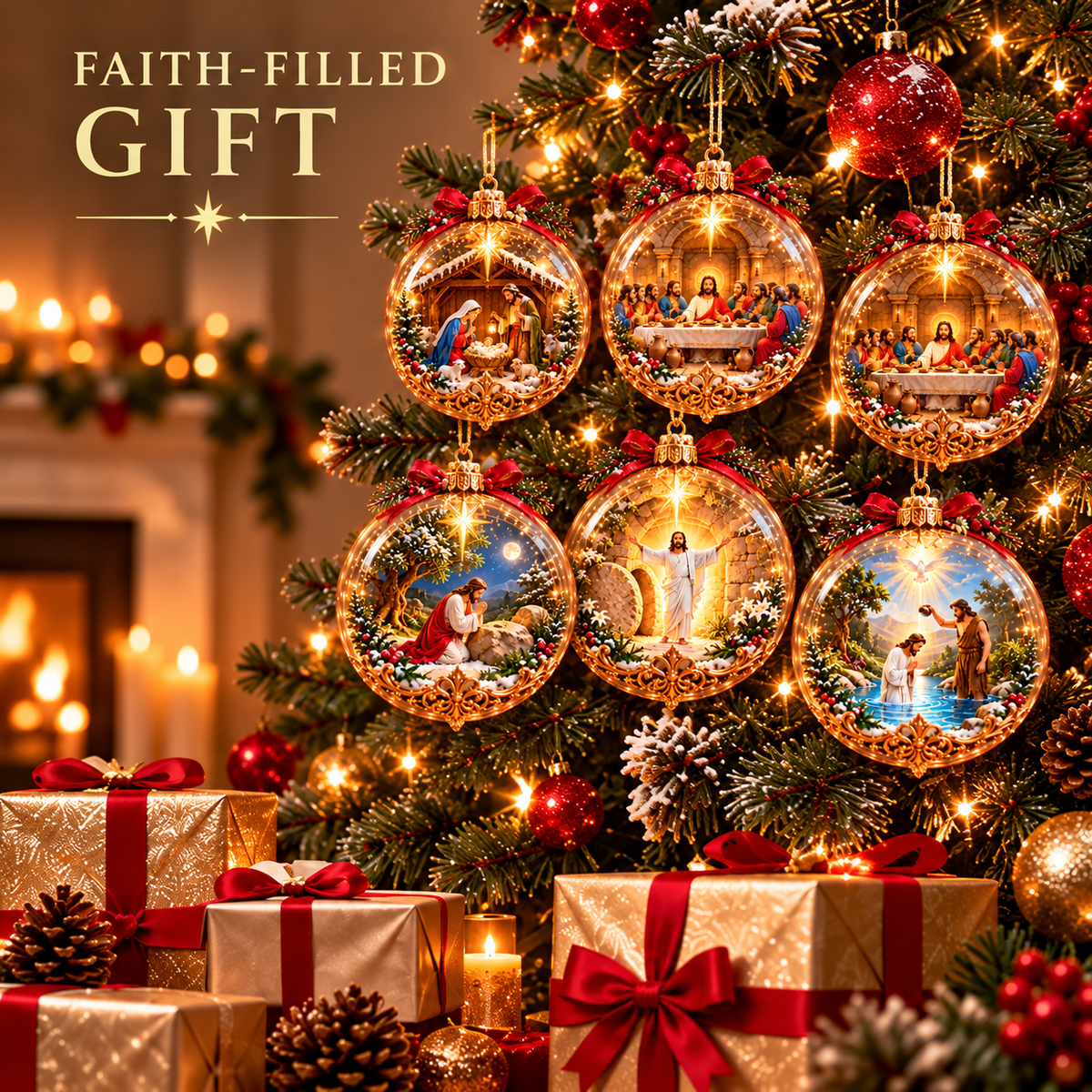 ✨ Last Day – 49% OFF-✝️ The Life of Jesus™ — 6-Piece 3D Illuminated Glass Christmas Ornament Set