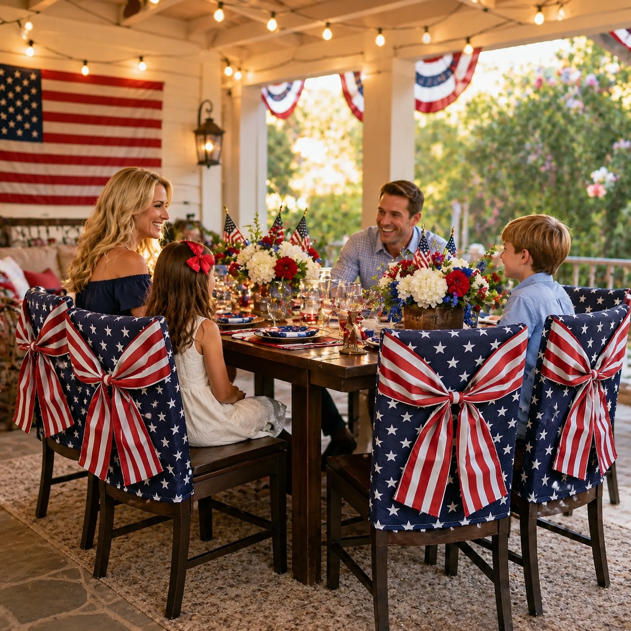 🎆 American Flag Chair Covers with Patriotic Bow for Independence Day Decor