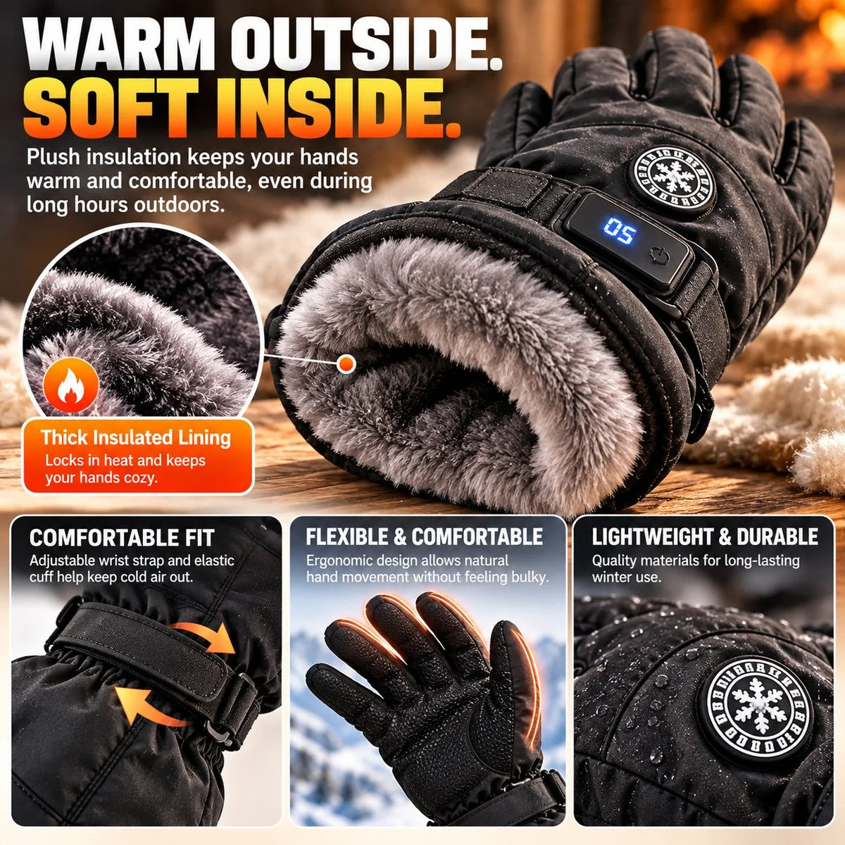 ⏳ Last Day 50% OFF-🔥 Rechargeable Heated Gloves – 3 Heat Settings, Waterproof Touchscreen Winter Gloves