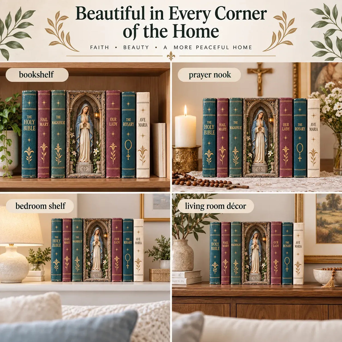 ⏳ Last Day 49% OFF –🙏 Virgin Mary Lighted Book Nook – Sacred Chapel Bookshelf Decor