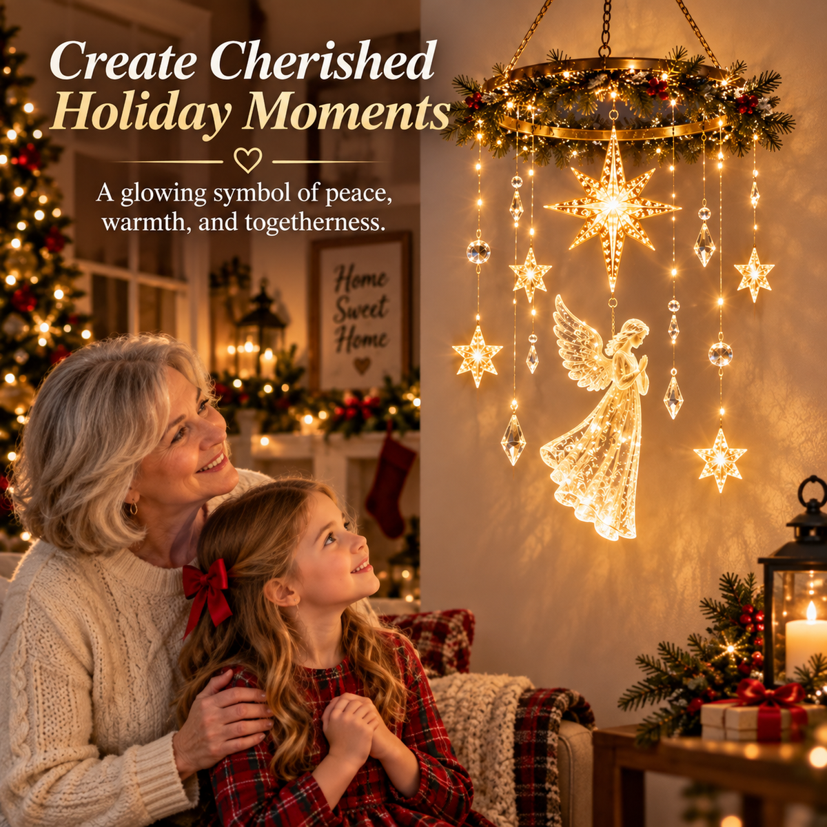 Angel Star Christmas Hanging Light – Warm White LED Holiday Chandelier with Crystal Accents
