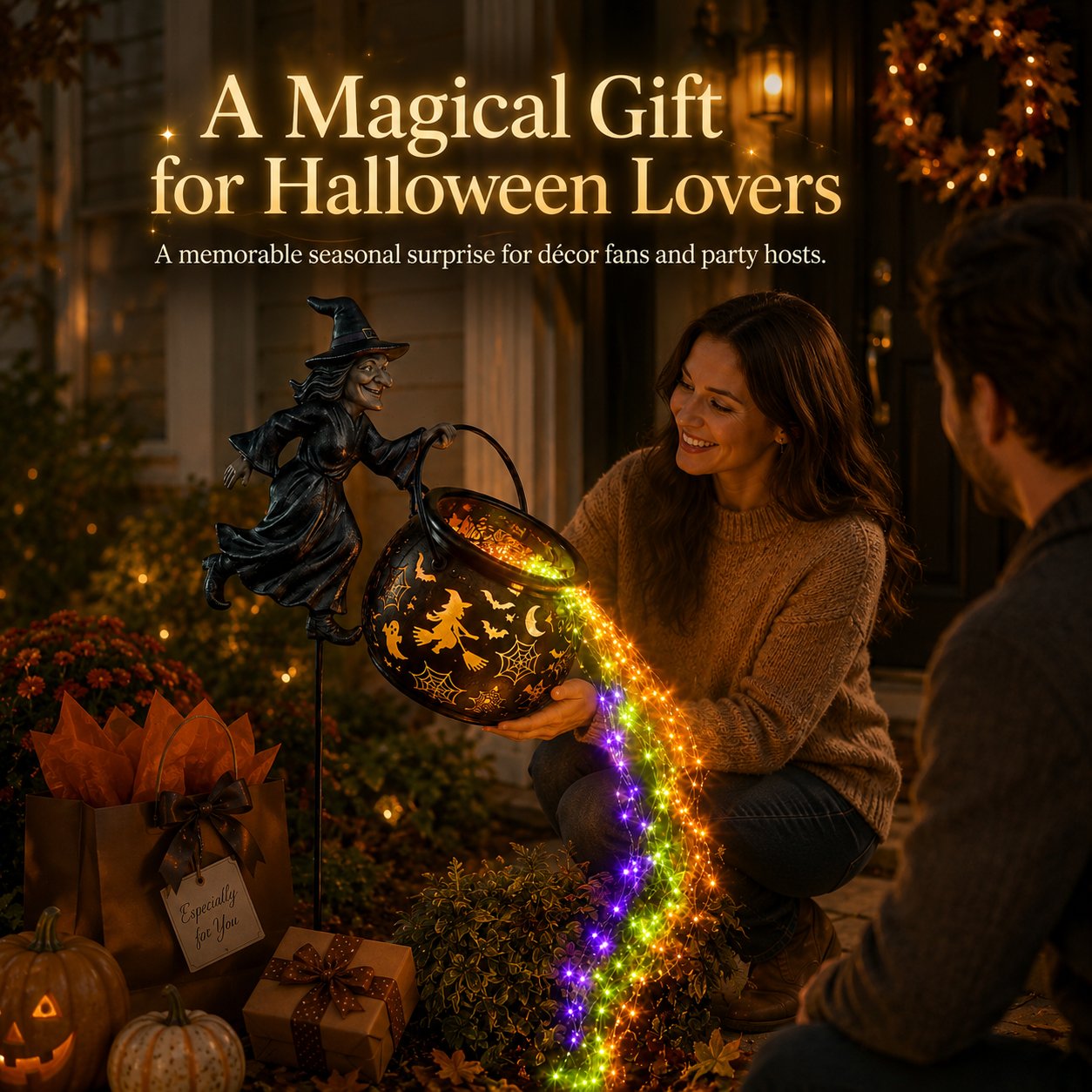 š§š Halloween Flying Witch Cauldron Garden Stake Light