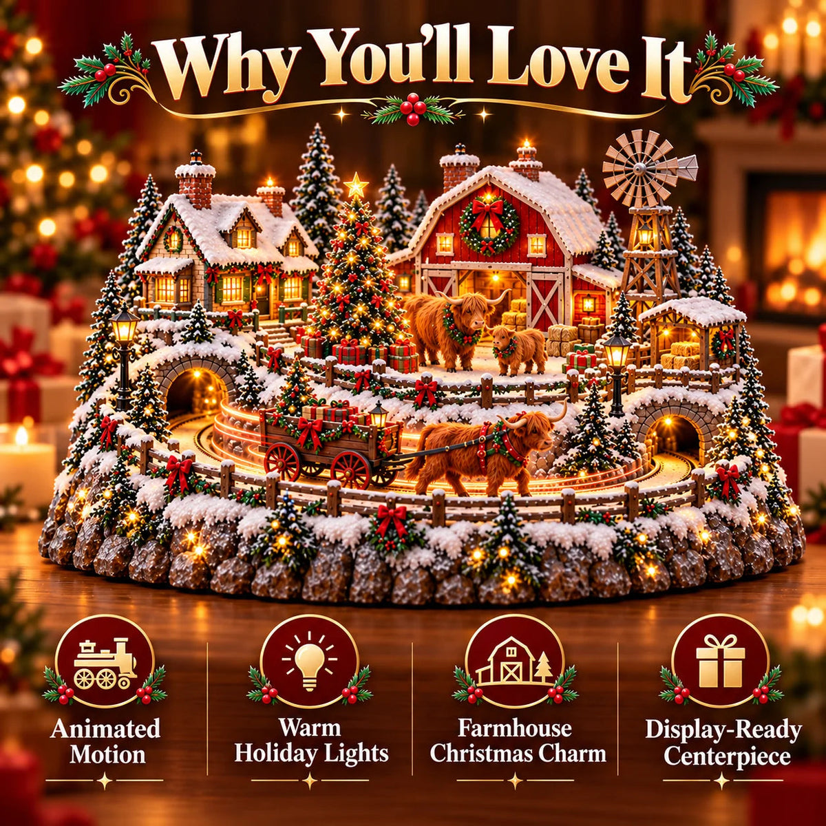 🔥 LAST DAY 49% OFF 🐮 Highland Cow Christmas Farm Village – Animated Holiday Scene