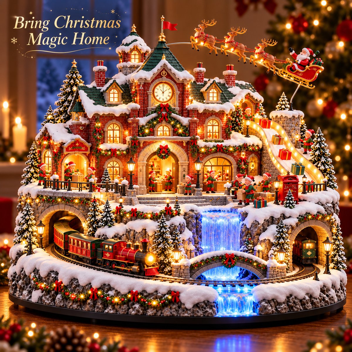 🎅 Santa’s North Pole Post Office™ – Lighted & Animated Christmas Village with Moving Train, Santa’s Sleigh & Glowing Waterfall ✨