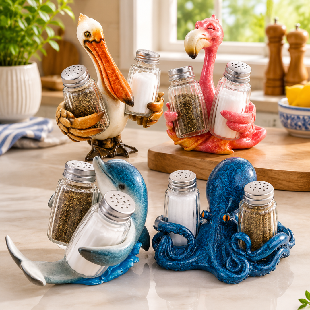 🌊 Coastal Animal Salt and Pepper Shaker Holder Set with Spice Shakers