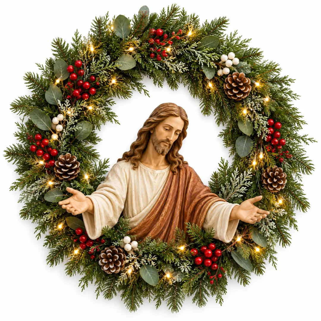 ✝️ Lighted Jesus Christmas Wreath – Faith-Centered Door & Wall Decor