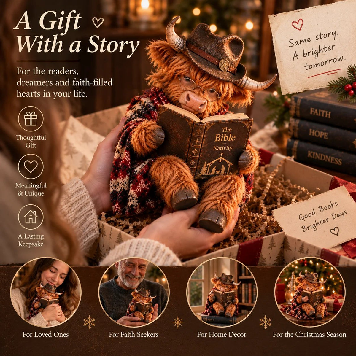 🎄 Highland Cow Bible Christmas Figurine | Christian Faith Shelf Décor & Meaningful Gift