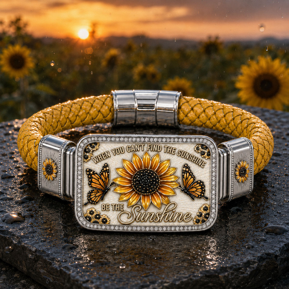 🌻“Be the Sunshine” Sunflower Butterfly Bracelet – Inspirational Handmade Braided Jewelry Gift