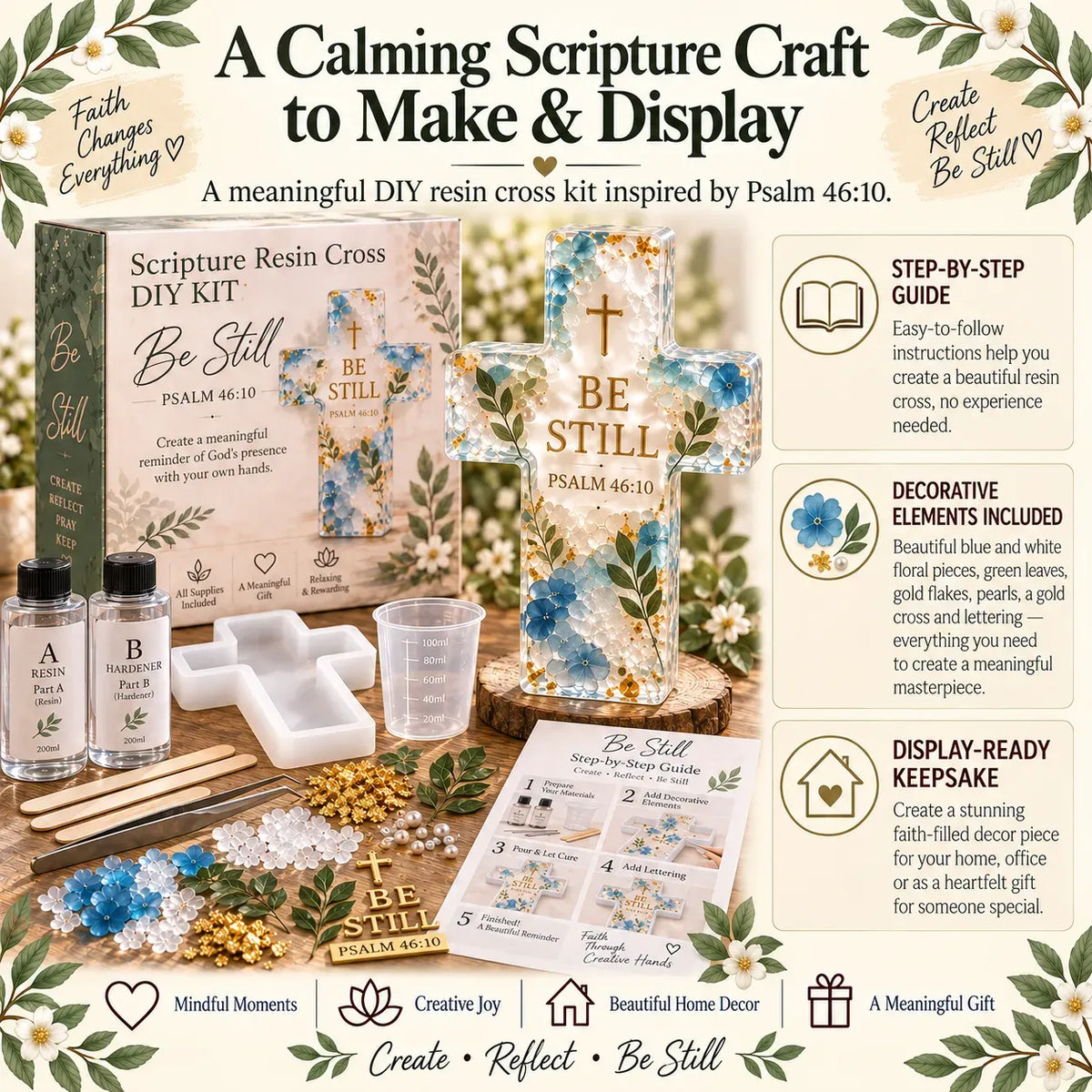 ⏳ Last Day 49% OFF –✝️ Beginner-Friendly Be Still Scripture Resin Cross DIY Kit