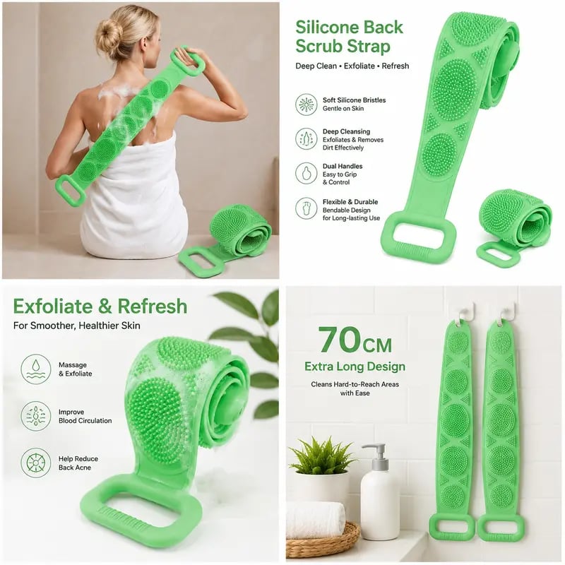 🚿 2-in-1 Silicone Back Scrubber – Double-Sided Exfoliating Brush with Soft Bristles & Mesh Sponge, Long Strap for Deep Body Cleansing, At-Home Self-Care🎁Buy 1 Get 1 Free