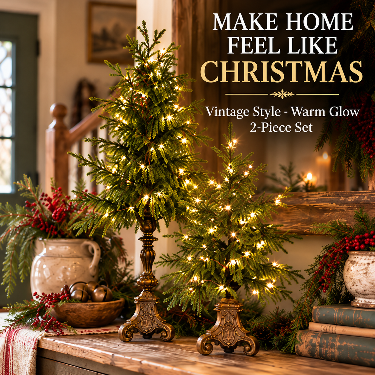 ✨ Last Day 50% OFF-🌙🎄 Vintage-Style Pre-Lit Evergreen Christmas Tree Set