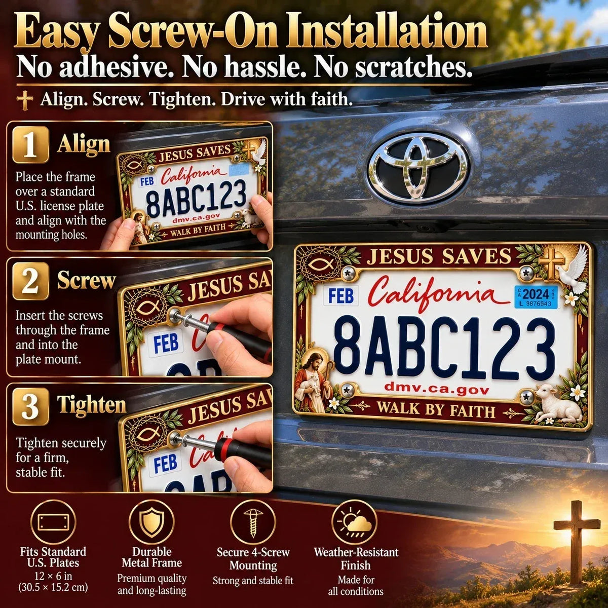 ✝️ "Jesus Saves" and "Walk by Faith" Themed License Plate Frames 🚗