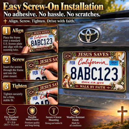 ✝️ "Jesus Saves" and "Walk by Faith" Themed License Plate Frames 🚗