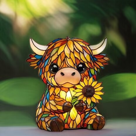 🐮 Highland Cow Sunflower Stained Glass LED Night Light Decorative Table Lamp