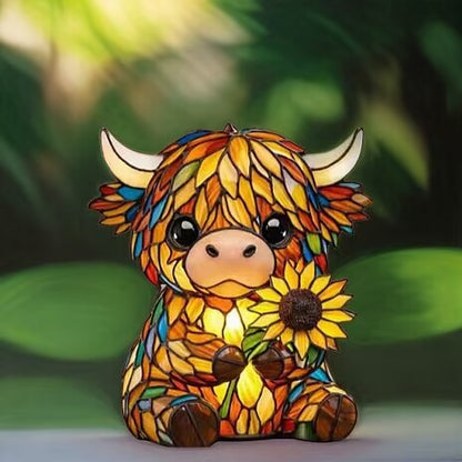 🐮 Highland Cow Sunflower Stained Glass LED Night Light Decorative Table Lamp