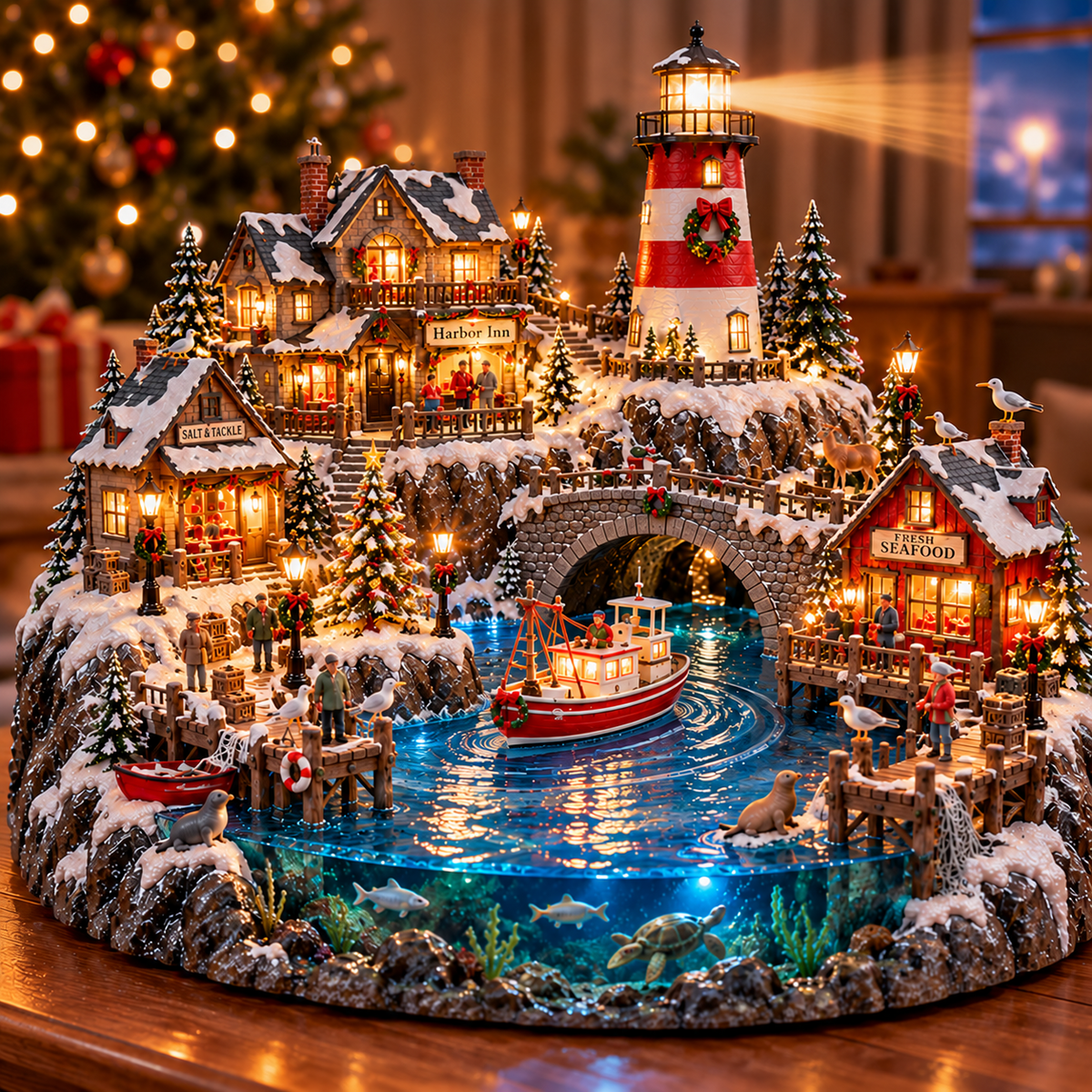 🔥 HOT SALE 49% OFF🔥 Harborlight Christmas™ — Lighted Coastal Village with Lighthouse, Fishing Boat & Underwater Scene ✨