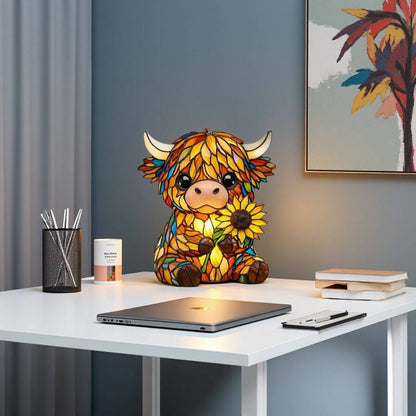 🐮 Highland Cow Sunflower Stained Glass LED Night Light Decorative Table Lamp