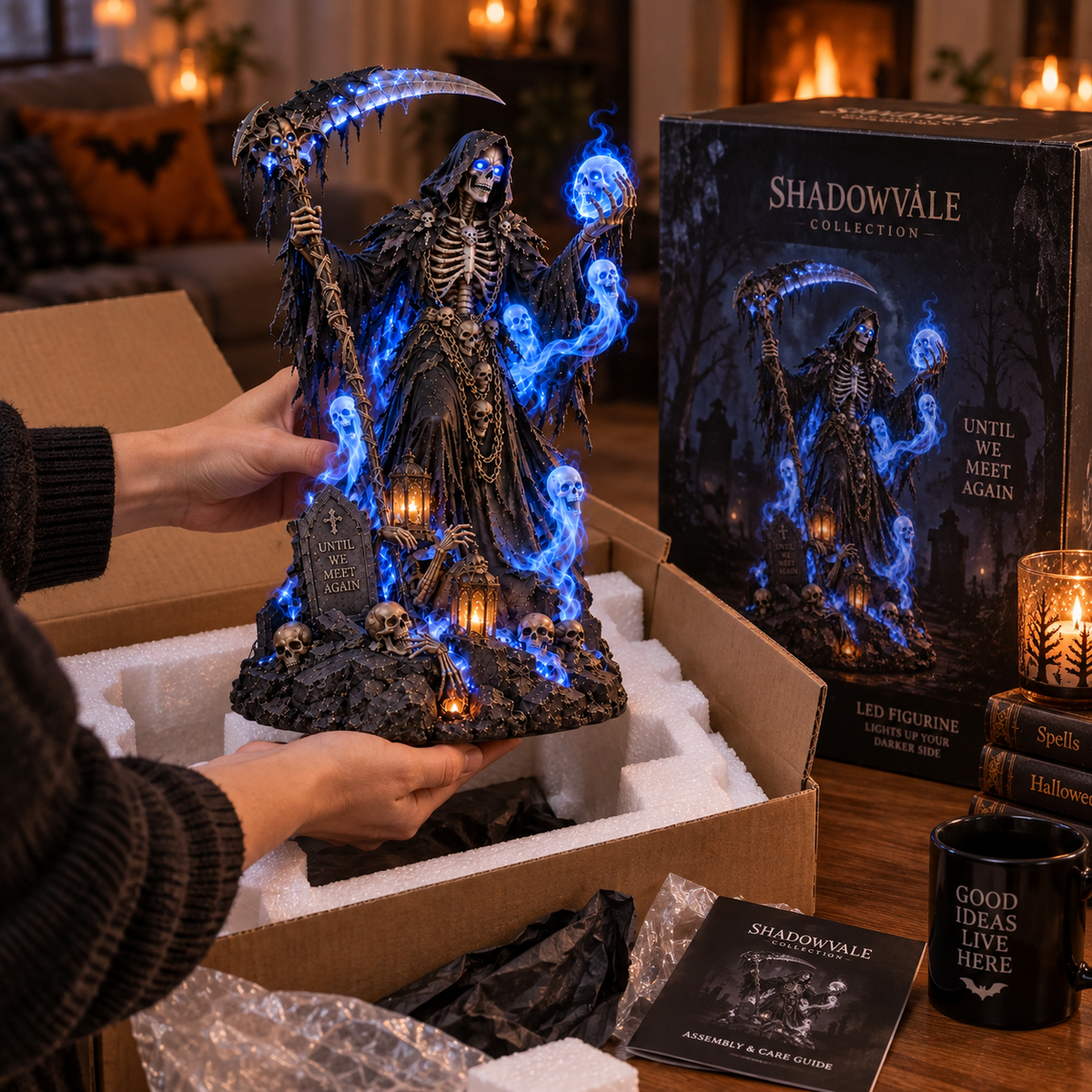 💀 LAST DAY 49% OFF🔥Blue-Light Scythe-Wielding Grim Reaper Skull Statue Lamp