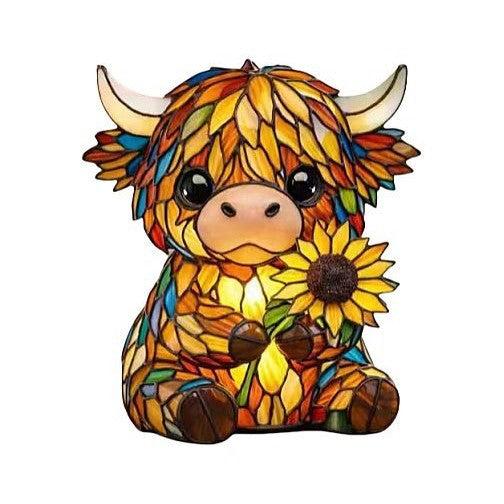 🐮 Highland Cow Sunflower Stained Glass LED Night Light Decorative Table Lamp