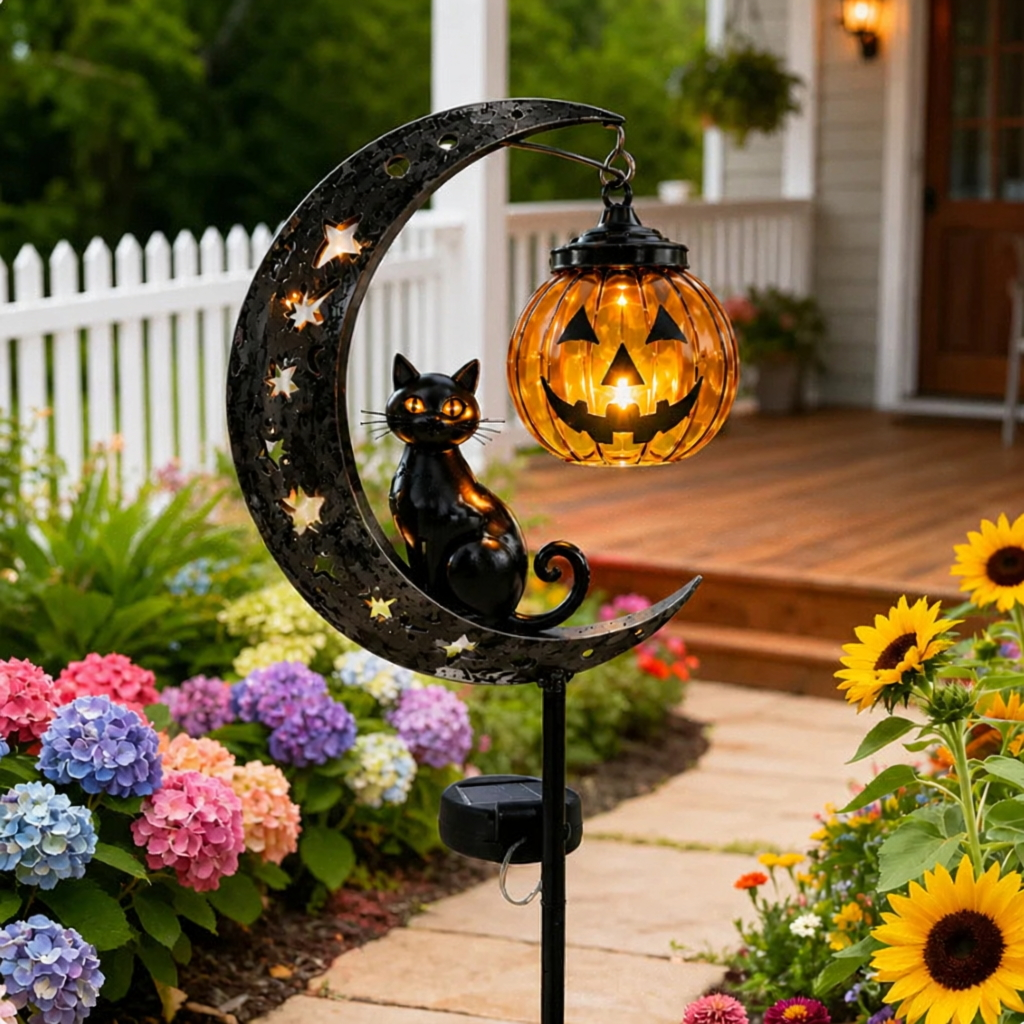 Black Cat & Moon LED Yard Stake – Lighted Outdoor Garden Ground Decoration | Glowing Lawn Ornament for Nighttime Ambiance