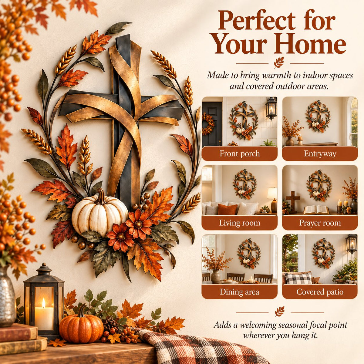 🔥LAST DAY 50% OFF -✝️🍂 Autumn Cross & Pumpkin Harvest Metal Wall Decor