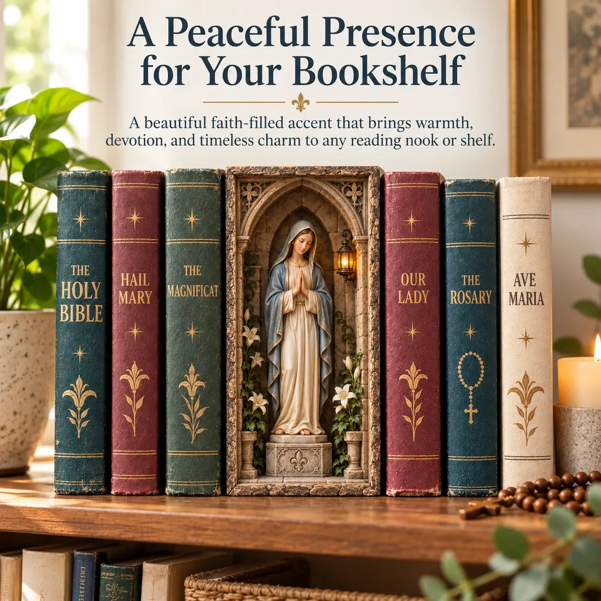 ⏳ Last Day 49% OFF –🙏 Virgin Mary Lighted Book Nook – Sacred Chapel Bookshelf Decor