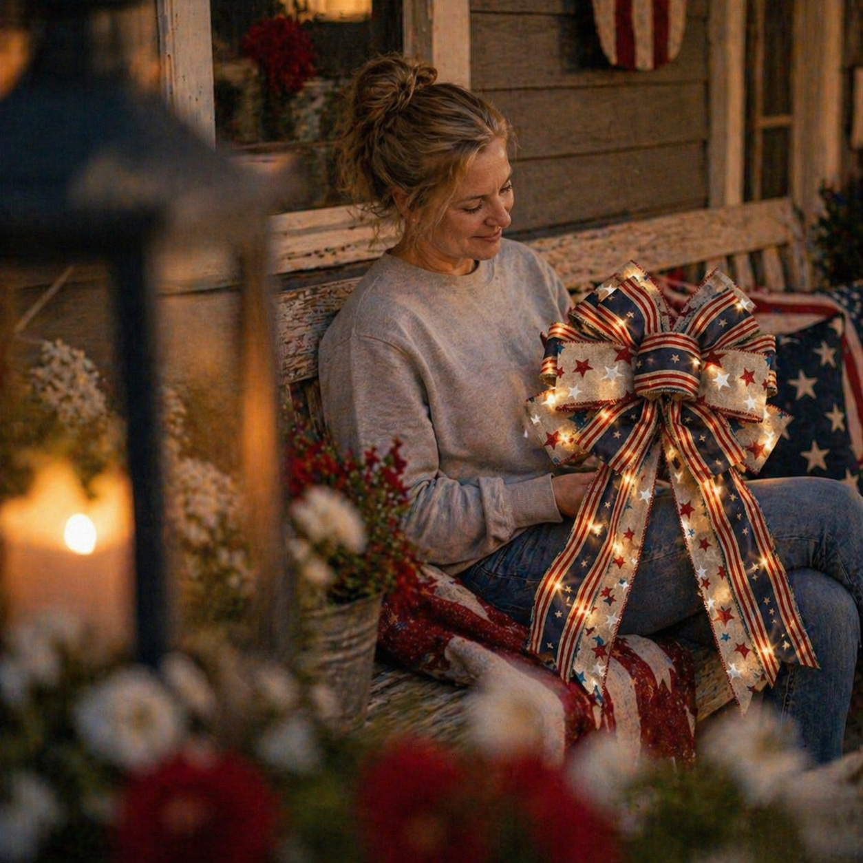 🔥 Buy 1 Get 1 Free🇺🇸 Patriotic Burlap Bow Rustic American Flag Wreath Decor