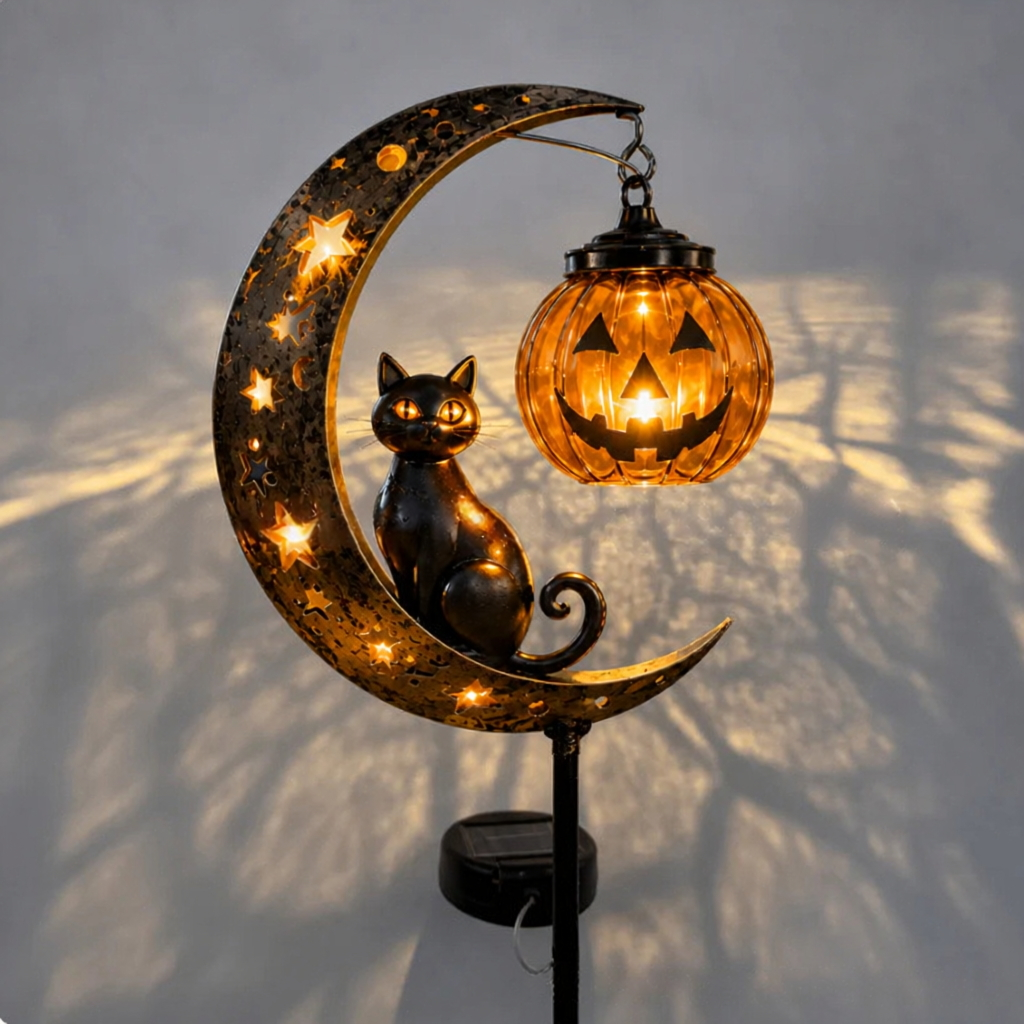 Black Cat & Moon LED Yard Stake – Lighted Outdoor Garden Ground Decoration | Glowing Lawn Ornament for Nighttime Ambiance