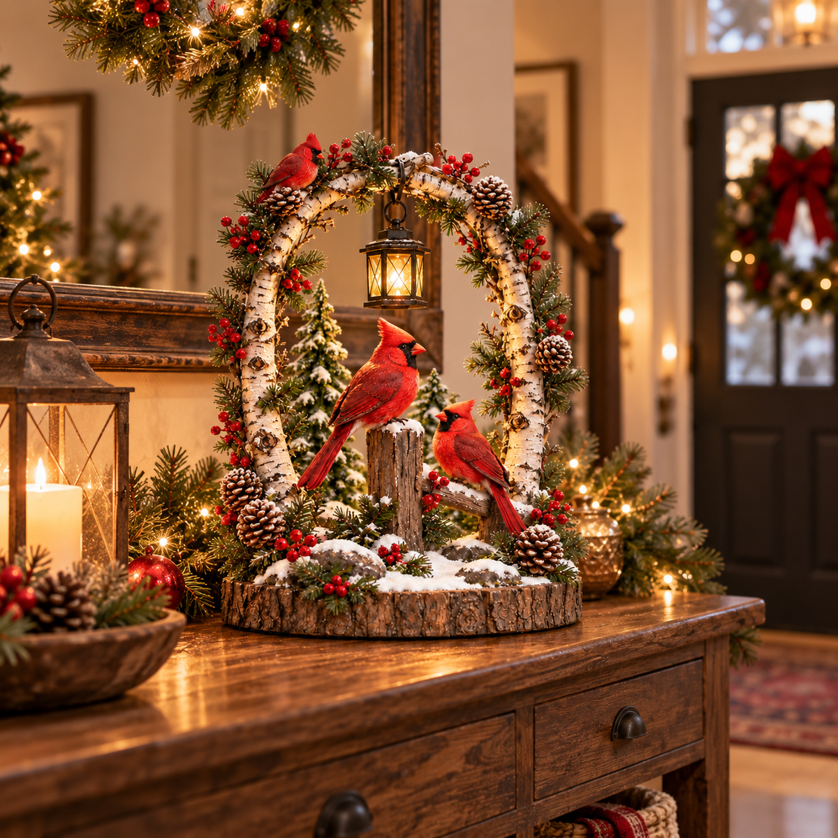 🐦✨ Cardinal Winter Glow Lantern – Lighted Woodland Christmas Tabletop Décor