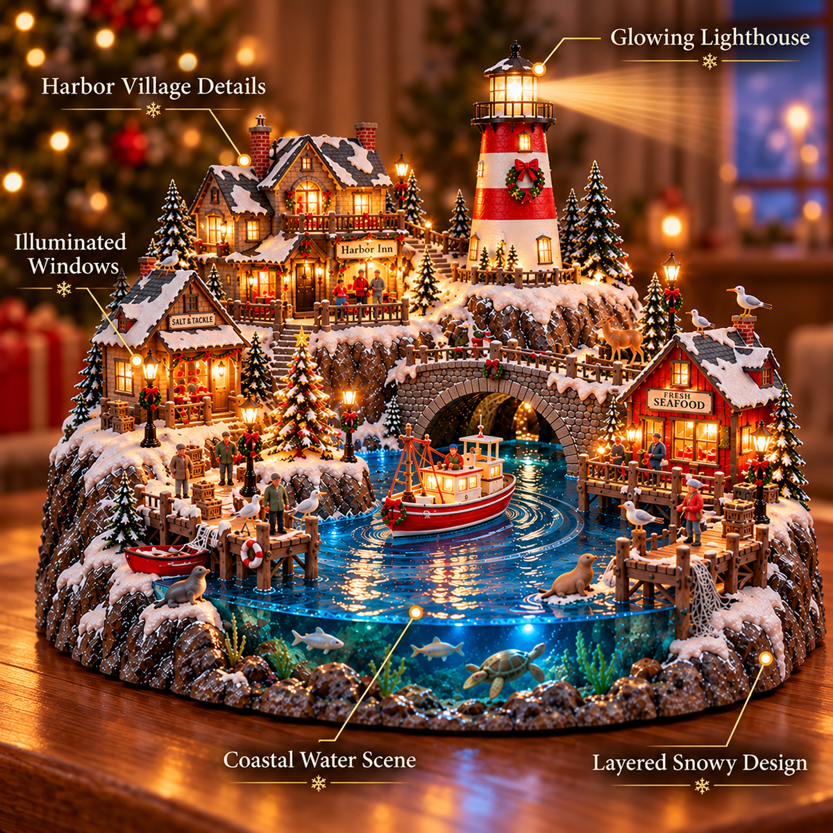 🔥 HOT SALE 49% OFF🔥 Harborlight Christmas™ — Lighted Coastal Village with Lighthouse, Fishing Boat & Underwater Scene ✨