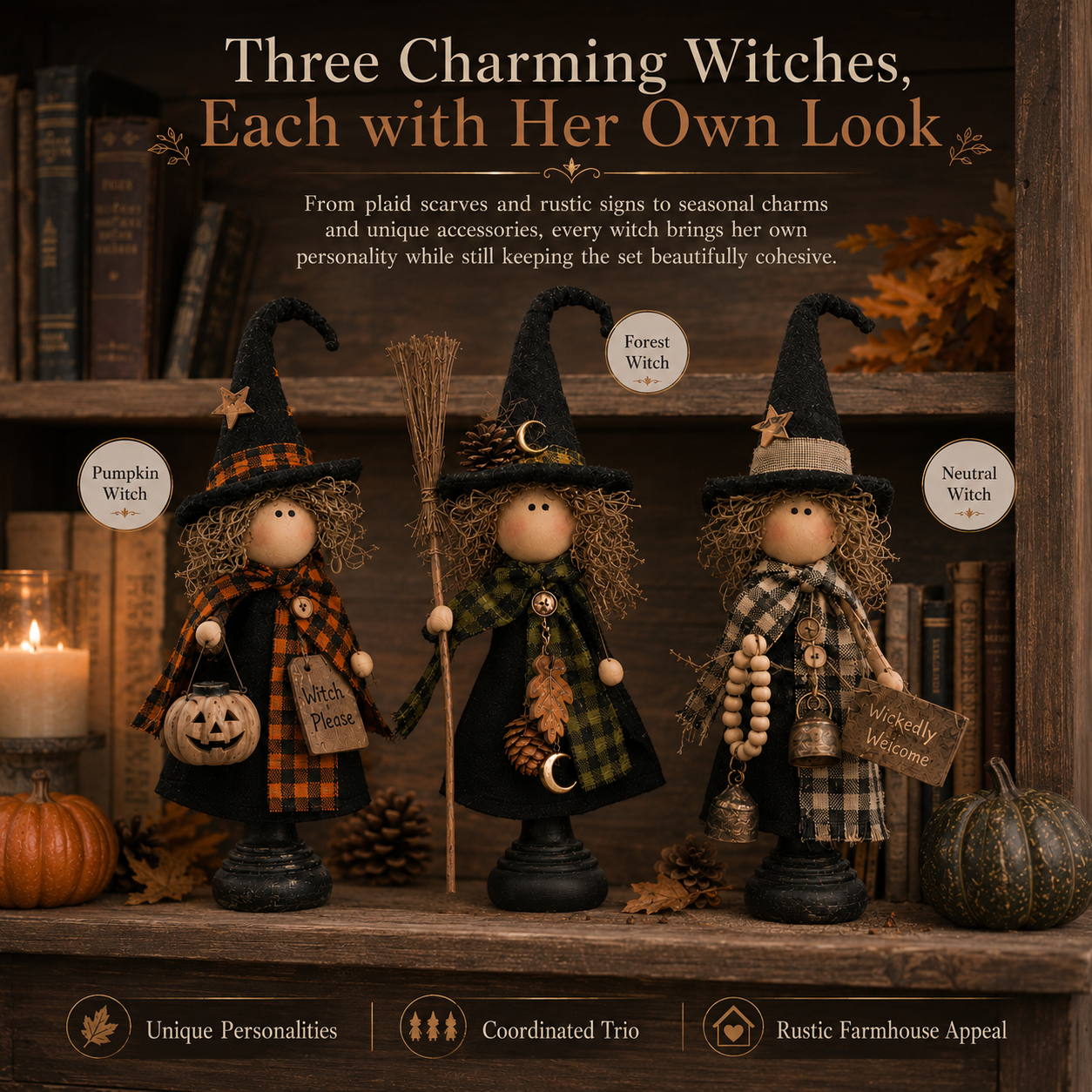 🎃 3-Piece Halloween Witch Figurine Set – Rustic Farmhouse Tabletop Decorations for Fall Home Decor