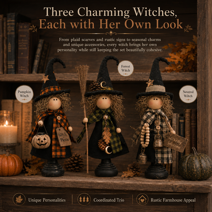 🎃 3-Piece Halloween Witch Figurine Set – Rustic Farmhouse Tabletop Decorations for Fall Home Decor