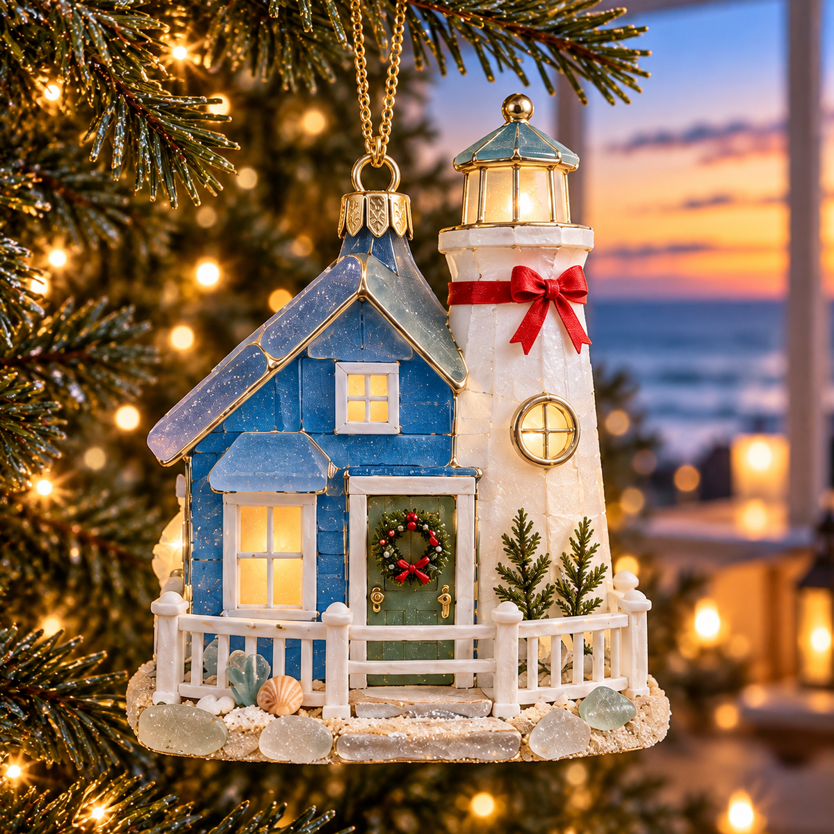 🌊 2026 Coastal Christmas Cottage Ornaments – Set of 6 Beach House Holiday Keepsakes