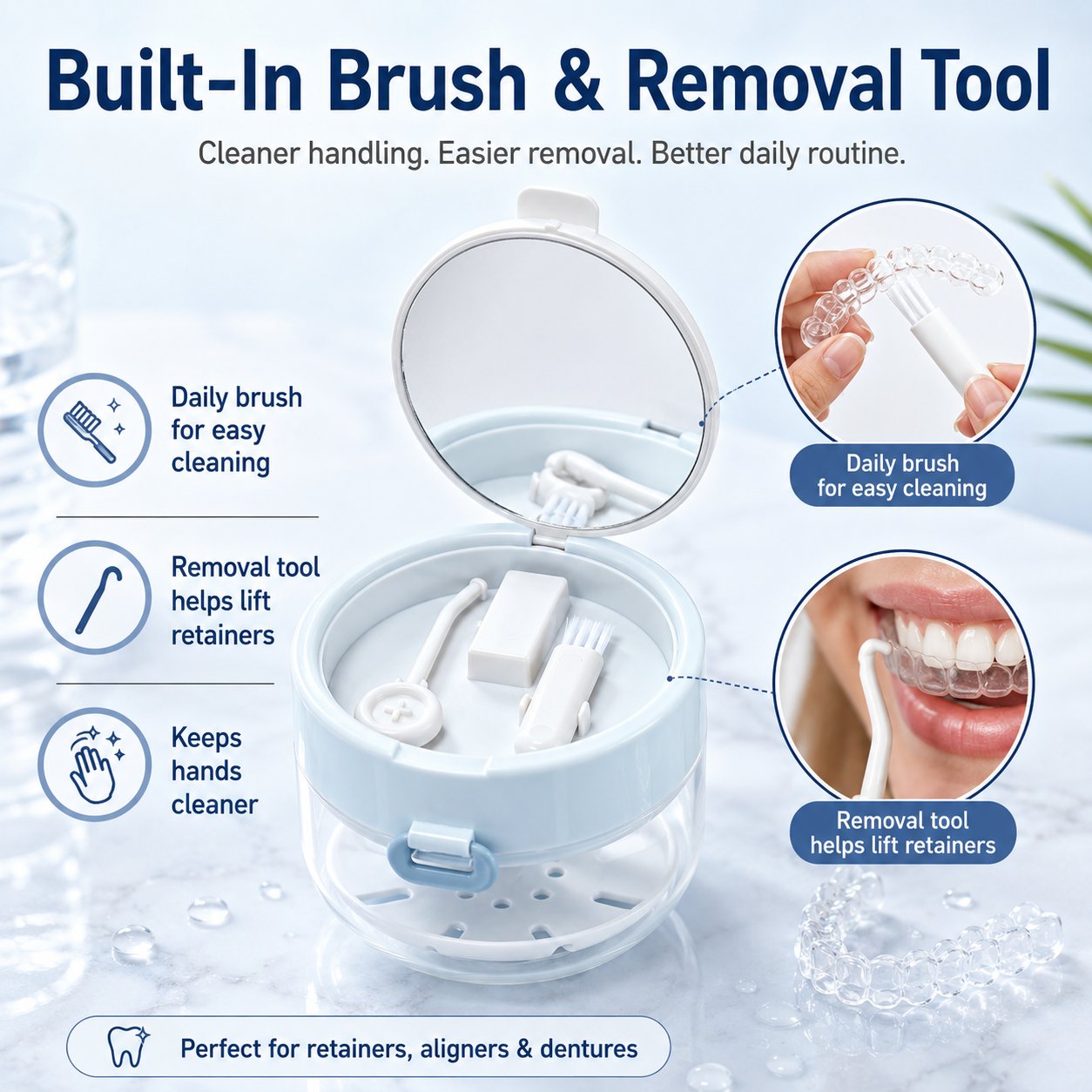 🦷✨3-in-1 Retainer & Denture Cleaning Case- Clean, Soak & Store Your Dental Appliances In One Compact Case
