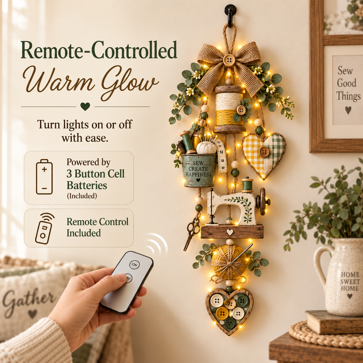 🧵✨ Lighted Sewing Room Hanging Decor – Rustic Farmhouse Craft Lover Wall Ornament