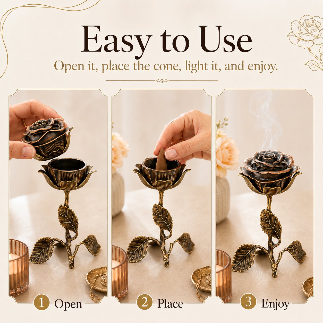 🌹 Vintage Floral Rose Incense Holder – Elegant Aromatherapy Décor for Meditation & Relaxation ✨