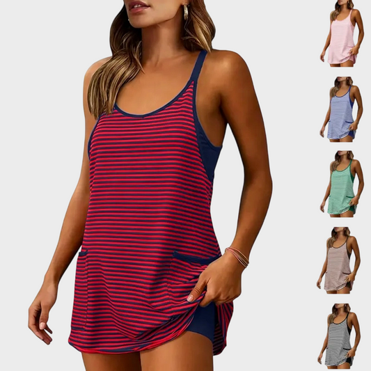 Women's Summer U Neck Sleeveless Striped Mini Dress with Built-in Shorts