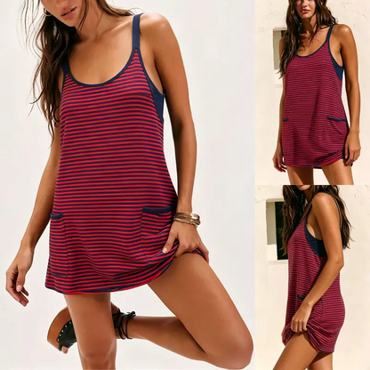 Women's Summer U Neck Sleeveless Striped Mini Dress with Built-in Shorts