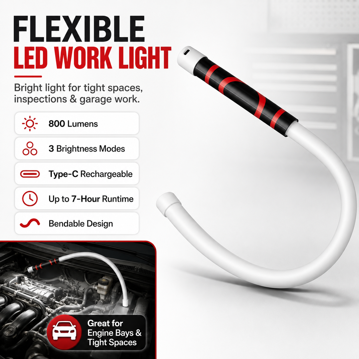 28" Flexible LED Work Light – Bendable, High-Lumen & 7-Hour Runtime