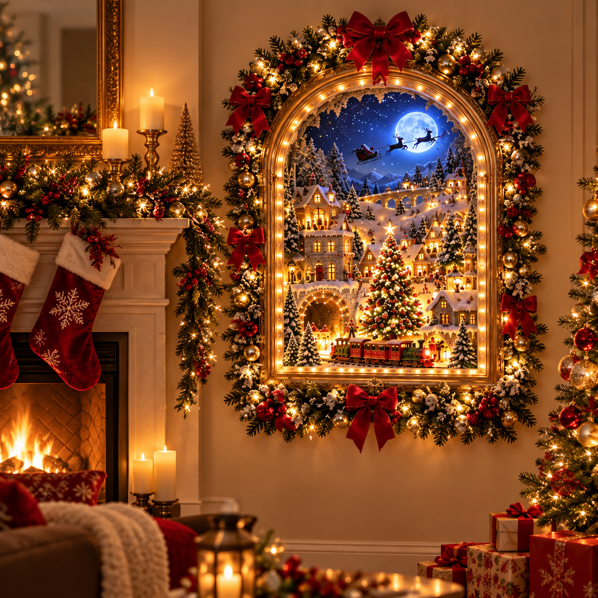 ✨ Last Day – 49% OFF!✨🫎Animated Christmas Village Light—Up Reindeer Train Wall Decor