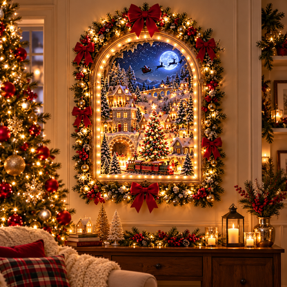 ✨ Last Day – 49% OFF!✨🫎Animated Christmas Village Light—Up Reindeer Train Wall Decor