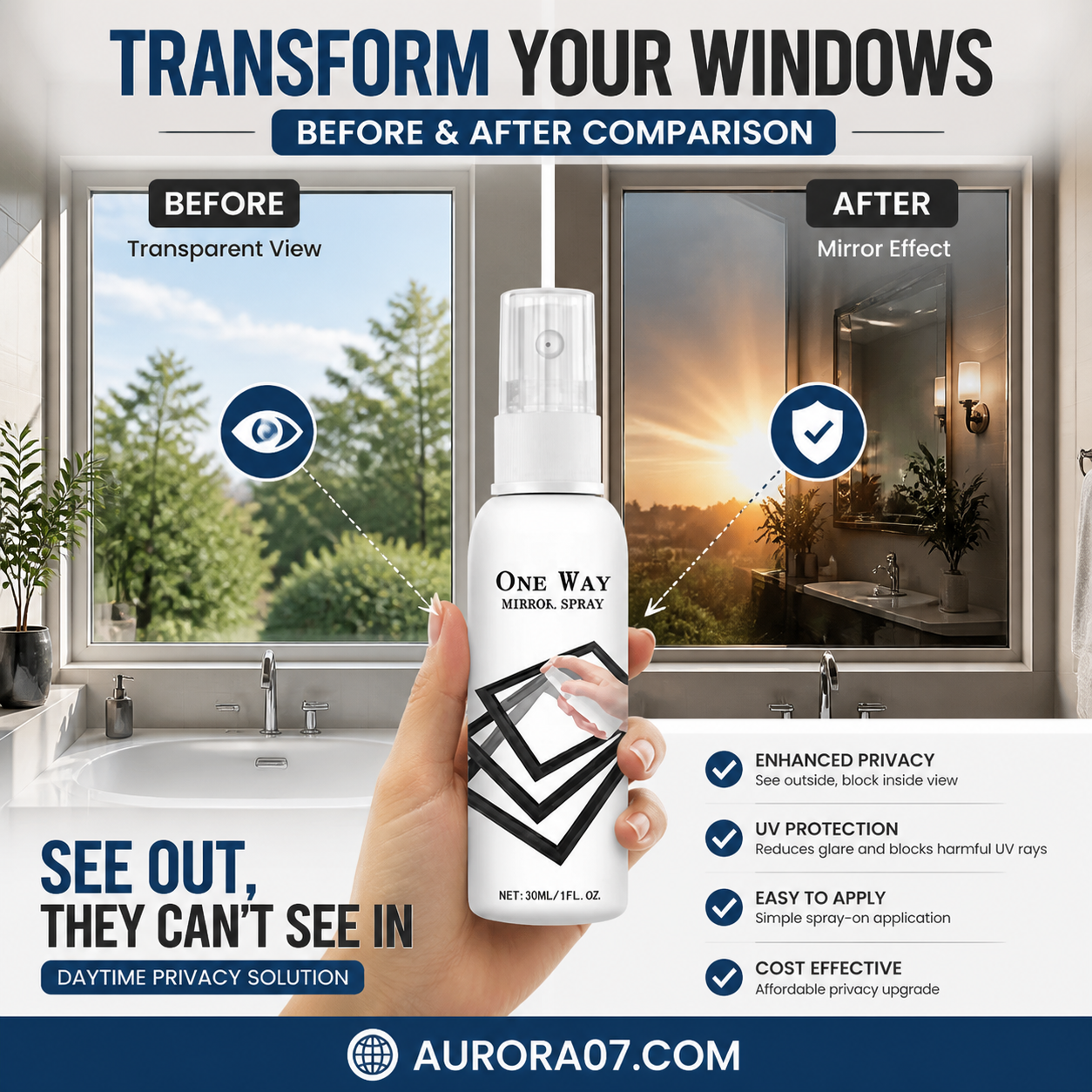 🏆LAST DAY SALE 49% OFF🔥Reflective One-Way Window Privacy Spray | UV Protection for Home & Car