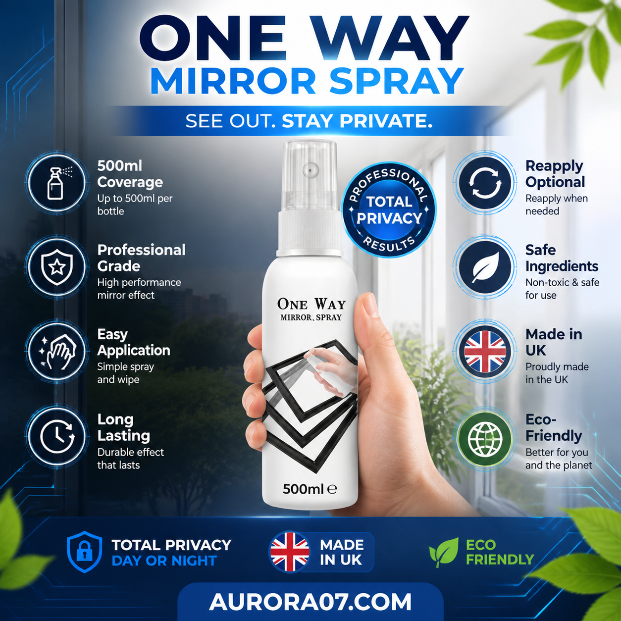 🏆LAST DAY SALE 49% OFF🔥Reflective One-Way Window Privacy Spray | UV Protection for Home & Car