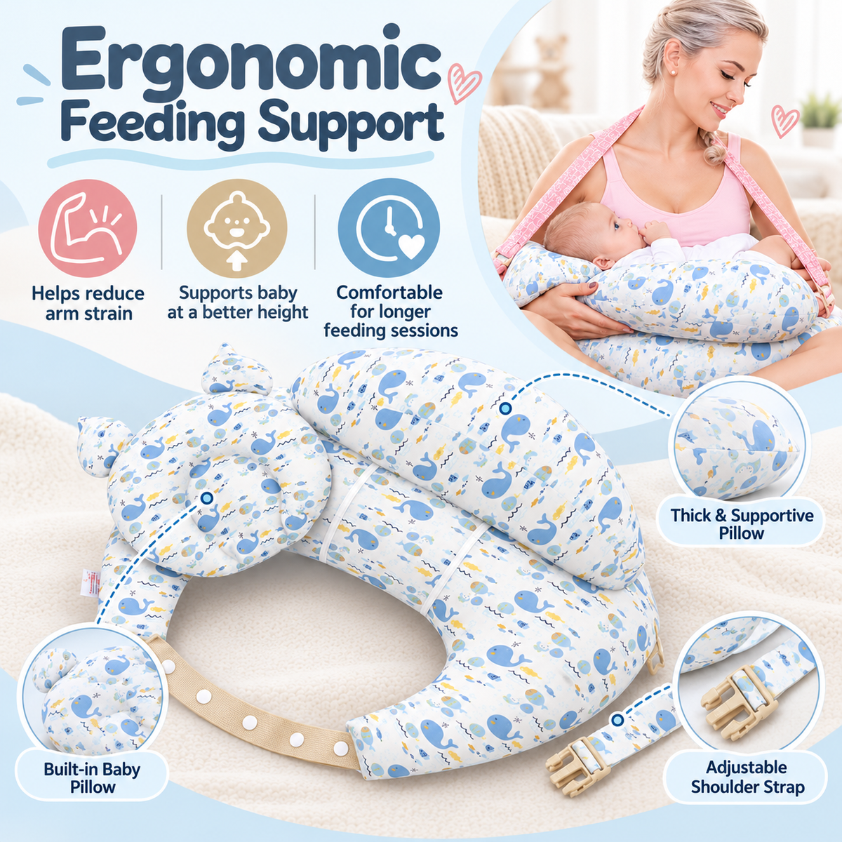 🔥Last Day 49% OFF👶 Ergonomic Nursing Pillow 🍼 Hands-Free Feeding Cushion with Adjustable Strap & Baby Pillow