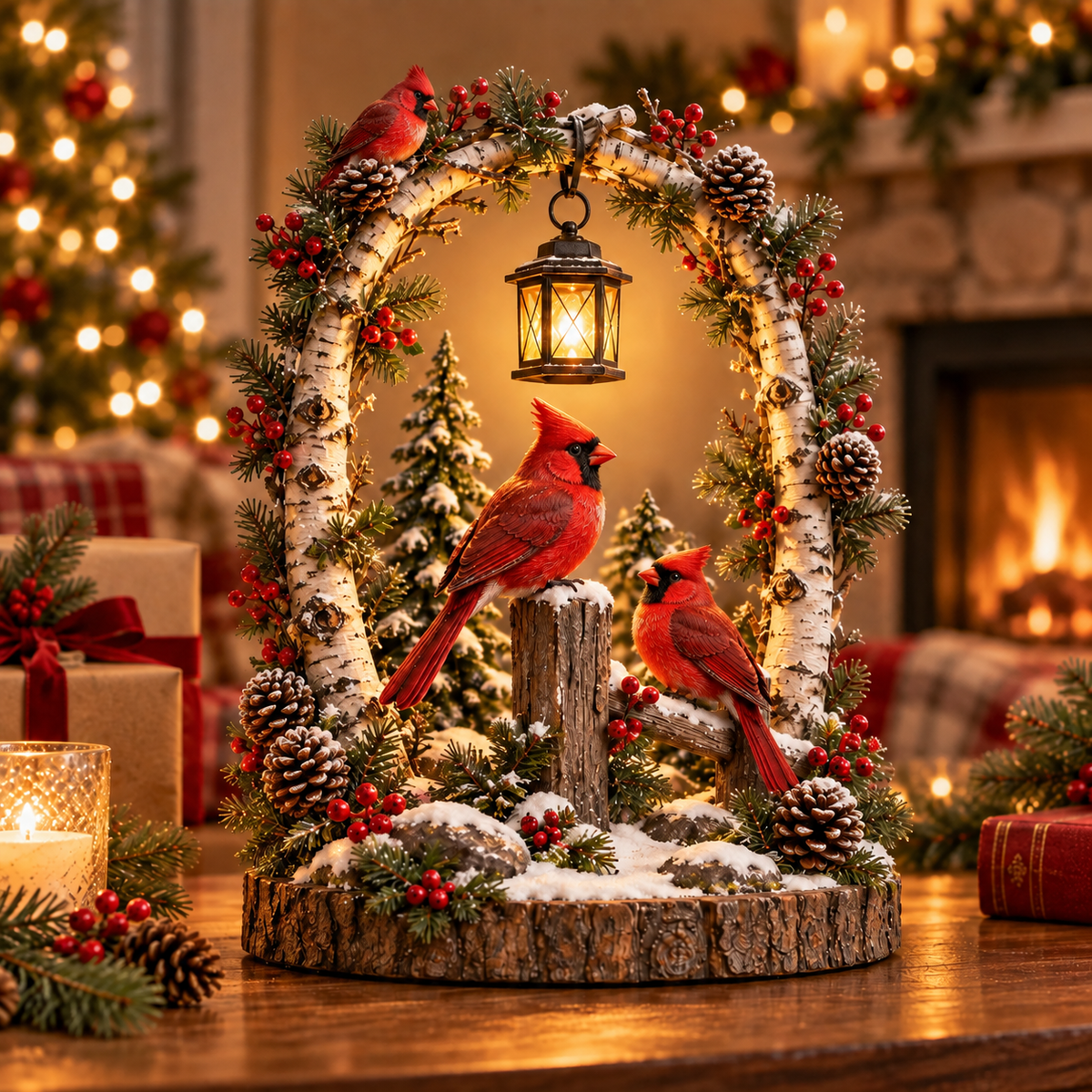 Cardinal Winter Lantern glowing in a cozy Christmas home