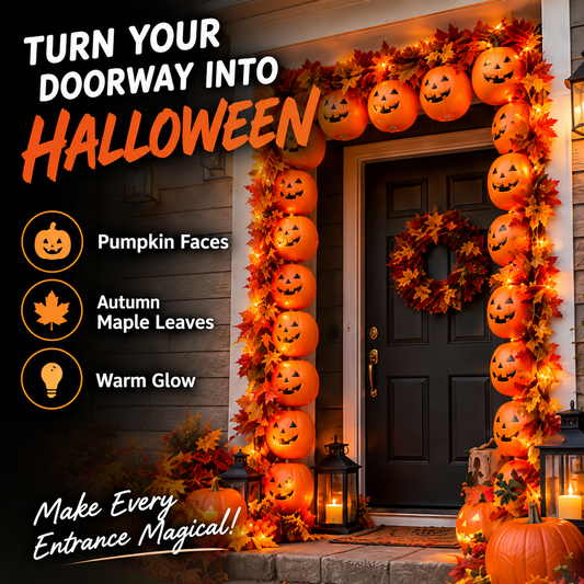 ⏳ Last Day 49% OFF –🎃Halloween Faux Maple Leaf Porch Hanging With Pumpkin Head Decoration