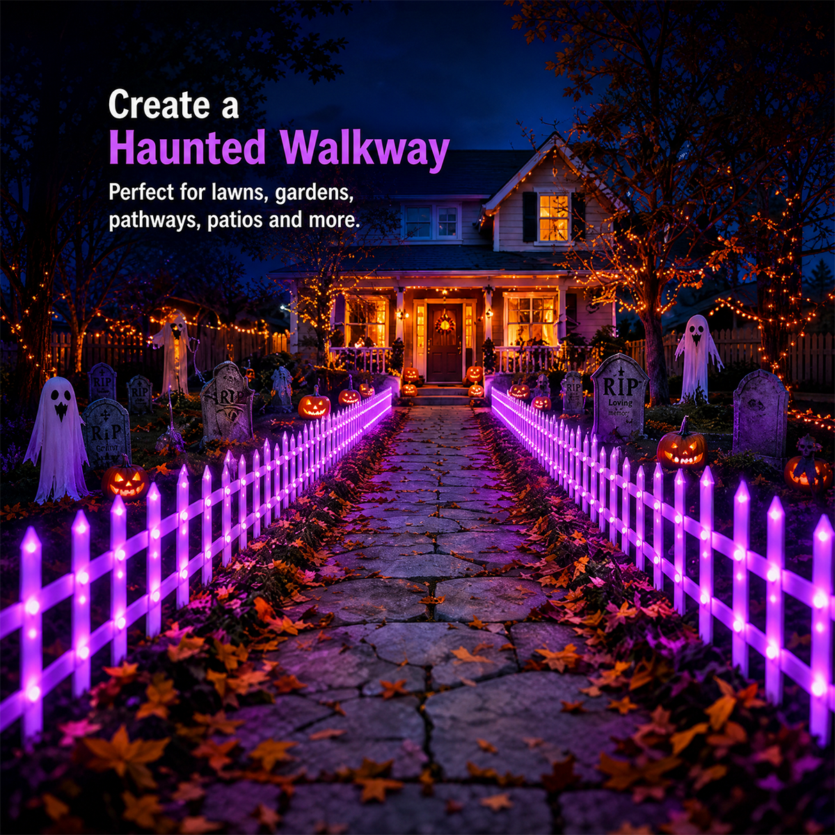 Purple Light-Up Halloween Garden Fence – Spooky Outdoor Decor