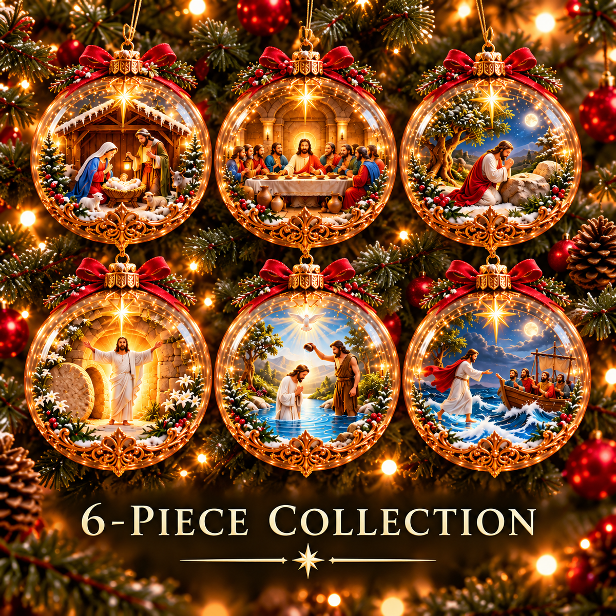 ✨ Last Day – 49% OFF-✝️ The Life of Jesus™ — 6-Piece 3D Illuminated Glass Christmas Ornament Set